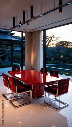 Luxurious red lacquer dining table in a modern minimalist living room photo