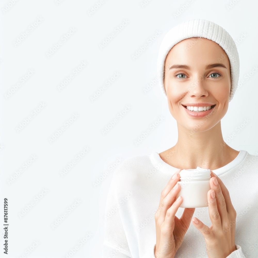 A woman in a half-body view, with visible arms, applying a protective cream for sensitive skin A woman in a half-body view, with visible arms, applying a protective cream for sensitive skin