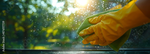 Close-up of gloved hand of glass cleaner. Clean the windows on the front of the building with a green cloth photo