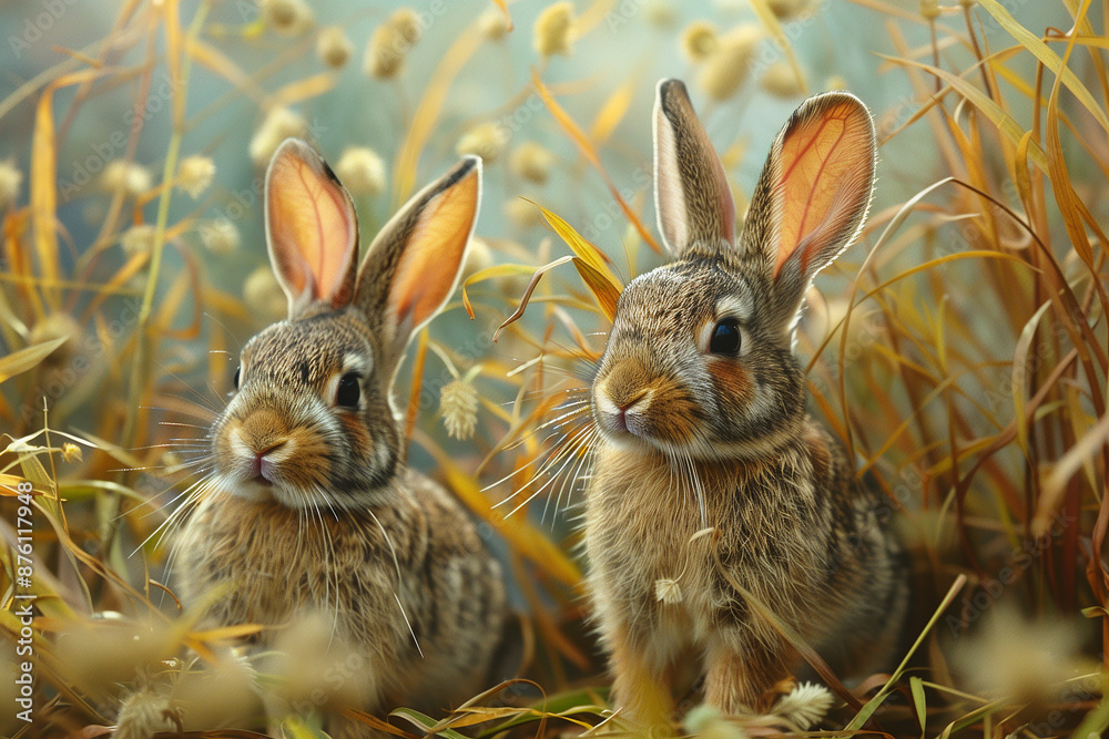 Fototapeta premium Rabbits hopping through tall grass