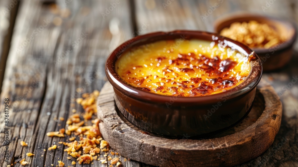 Caramelized dessert in ramekin set on rustic wooden surface Caramelized dessert in ramekin set on rustic wooden surface