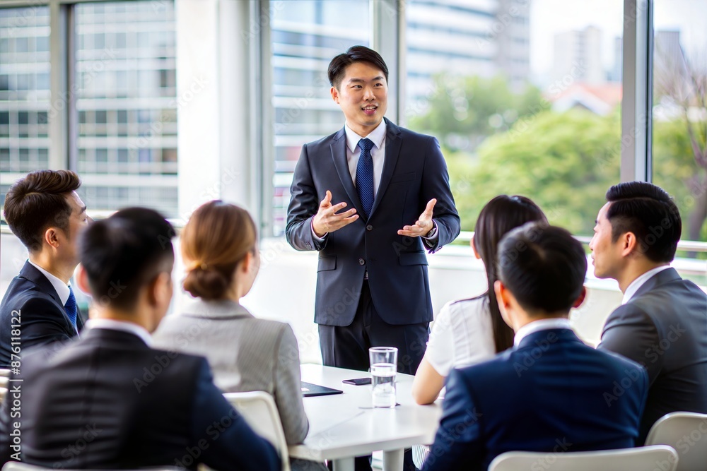 Asian Male Executive Motivating Team with Keynote Speech
Asian Male Executive Motivating Team with Keynote Speech