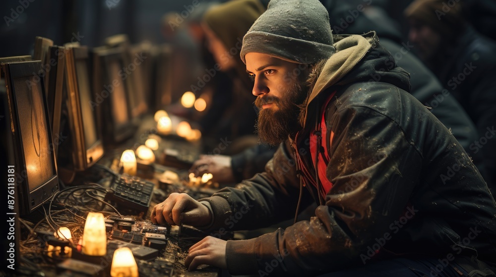 a man is working on a projector with a lit candle. a man is working on a projector with a lit candle.