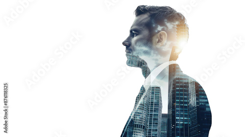 Double exposure of portrait office business workers and building architecture cityscape. creation city concept. Transparent background or PNG file. photo