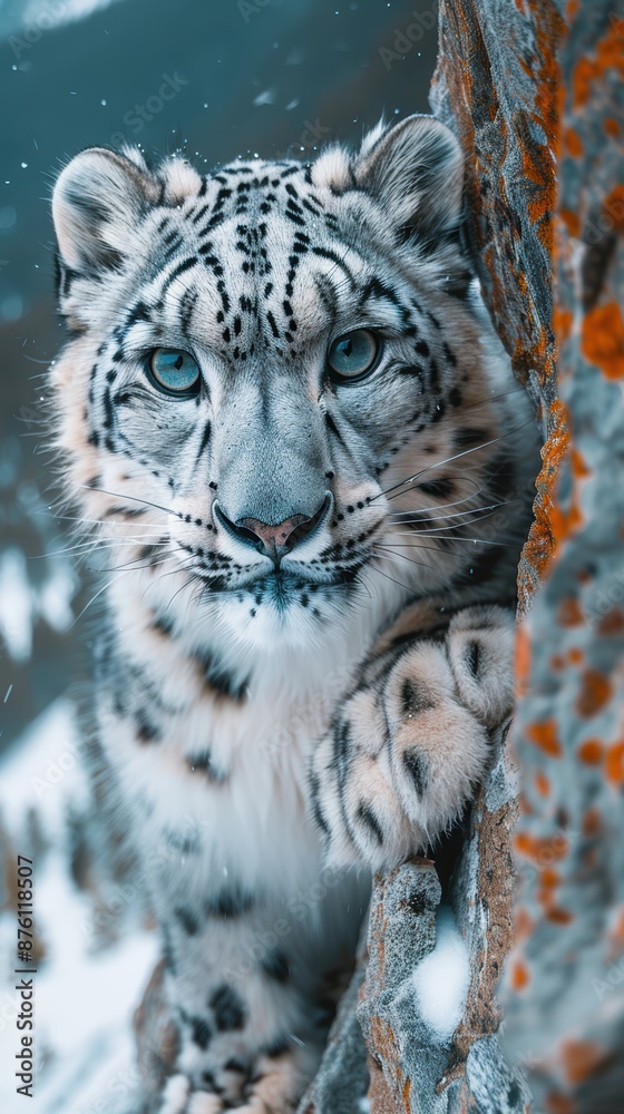 Obraz premium 4K close-up shot of a snow leopard blending into the rocky terrain of the Himalayas.