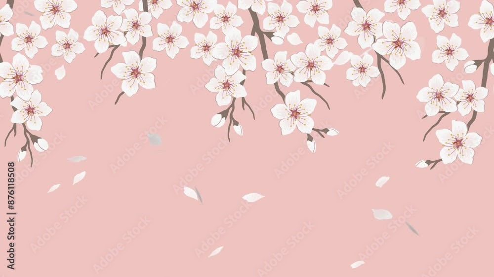 Flying Petals of Flowers. Floral Animation. Sacura Flowers. Blossoming Branches of Cherry. White Flowers on Pink Background. Spring Floral Banner. Flying Petals of Flowers. Floral Animation. Sacura Flowers. Blossoming Branches of Cherry. White Flowers on Pink Background. Spring Floral Banner.