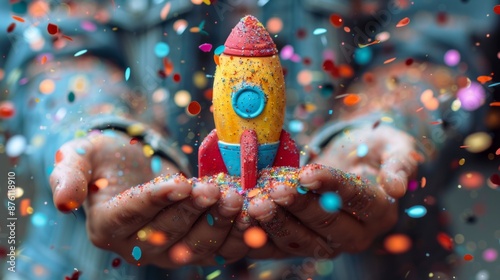 A vibrant close-up of a team celebrating a new rocket launch with confetti, highlighting joy and success, captured with AI Generative.