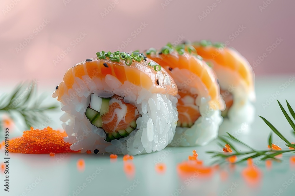 Salmon Sushi with wasabi and ginger on a white background
Salmon Sushi with wasabi and ginger on a white background