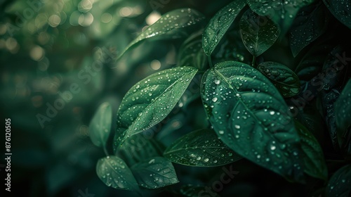 A close-up view of a dense jungle, vibrant green foliage, large leaves with dewdrops, intertwining vines photo