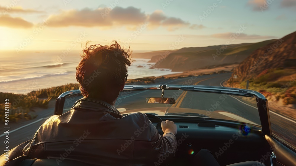 Fototapeta premium A man seen from behind, driving a convertible car on a scenic coastal road