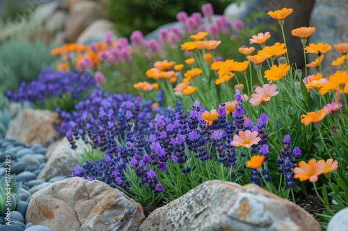Vibrant Garden Flowers in Bloom. A beautiful garden filled with vibrant purple, pink, and orange flowers, surrounded by rocks and greenery.