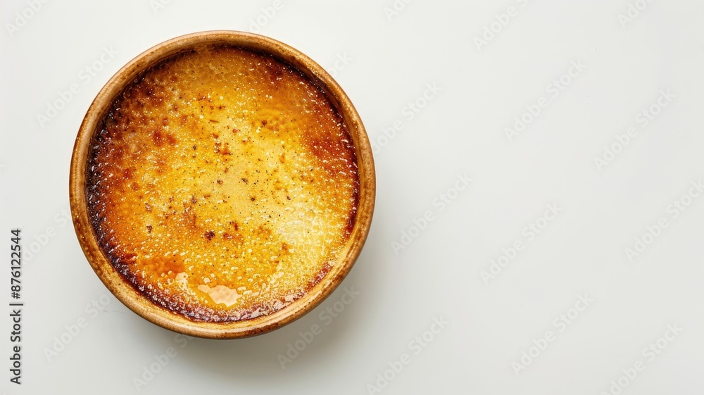 Caramelized custard dessert in ramekin on white surface Caramelized custard dessert in ramekin on white surface