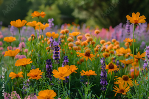 Vibrant Garden Flowers in Bloom. A beautiful garden filled with vibrant purple, pink, and orange flowers, surrounded by rocks and greenery.