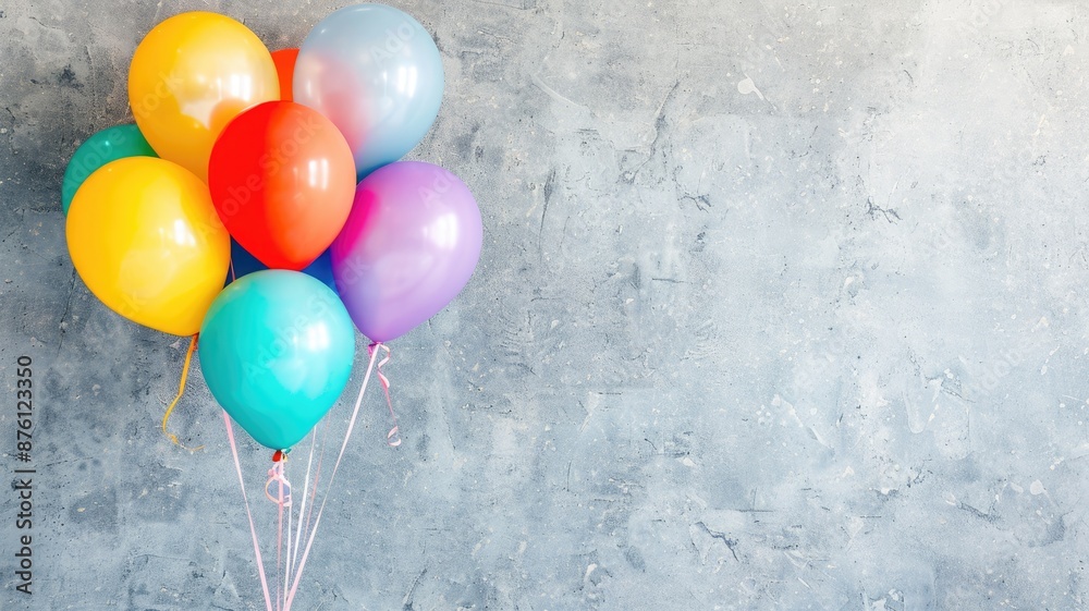Colorful balloons against textured gray wall background Colorful balloons against textured gray wall background