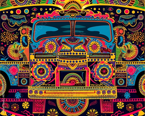 A vibrant vector of a Pakistani truck art design, featuring intricate patterns and bright colors.