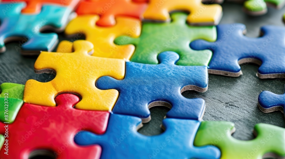 Colorful jigsaw puzzle pieces interlocking on dark surface