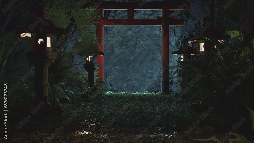 Animation of big torii gate surrounded by stone lantern and overgrown plants Animation of big torii gate surrounded by stone lantern and overgrown plants