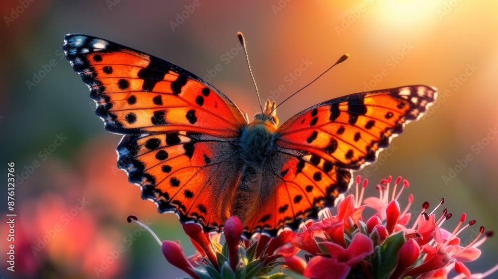 Obraz premium Stunning close-up of a vibrant orange butterfly resting on colorful flowers in a sunlit garden, showcasing nature's beauty and tranquility.