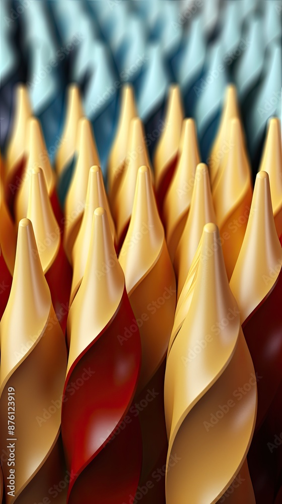 Fototapeta premium a row of yellow and red pens with a red and blue striped umbrella.
