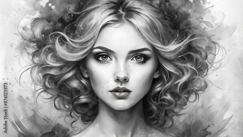 Black and White Watercolor Portrait of a Woman with Curly Hair, Dramatic Makeup, and a Mysterious Look.