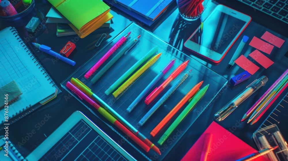 Top view of colorful school supplies neatly laid out on a modern glass table, vibrant markers, sticky notes, and a tablet, with cool blue lighting giving a futuristic feel Top view of colorful school supplies neatly laid out on a modern glass table, vibrant markers, sticky notes, and a tablet, with cool blue lighting giving a futuristic feel