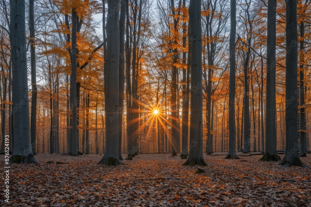 Fototapeta premium Sunrise shining through autumn forest trees with golden leaves and sunburst effect, creating a serene and tranquil woodland scene.