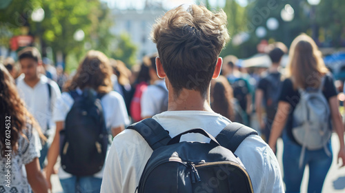 Back View of a College Man Student Wearing a Backpack

