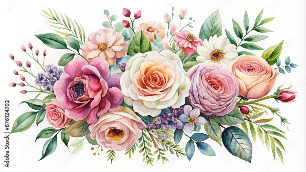 Watercolor Floral Arrangement with Pink and White Roses, Delicate ...