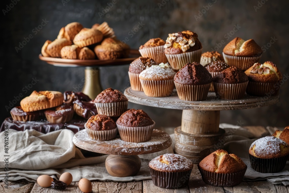 Delicious Assortment of Muffins and Cupcakes on Rustic Wooden Table Delicious Assortment of Muffins and Cupcakes on Rustic Wooden Table