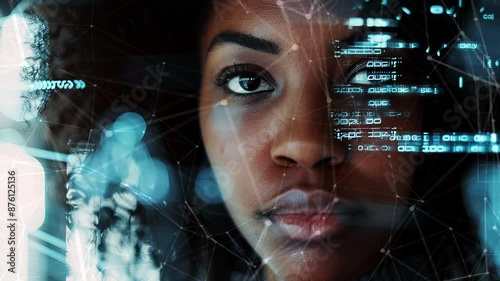 Beautiful black young woman close-up. IT specialist, artificial intelligence collage.  Working in a data center. Generate AI.