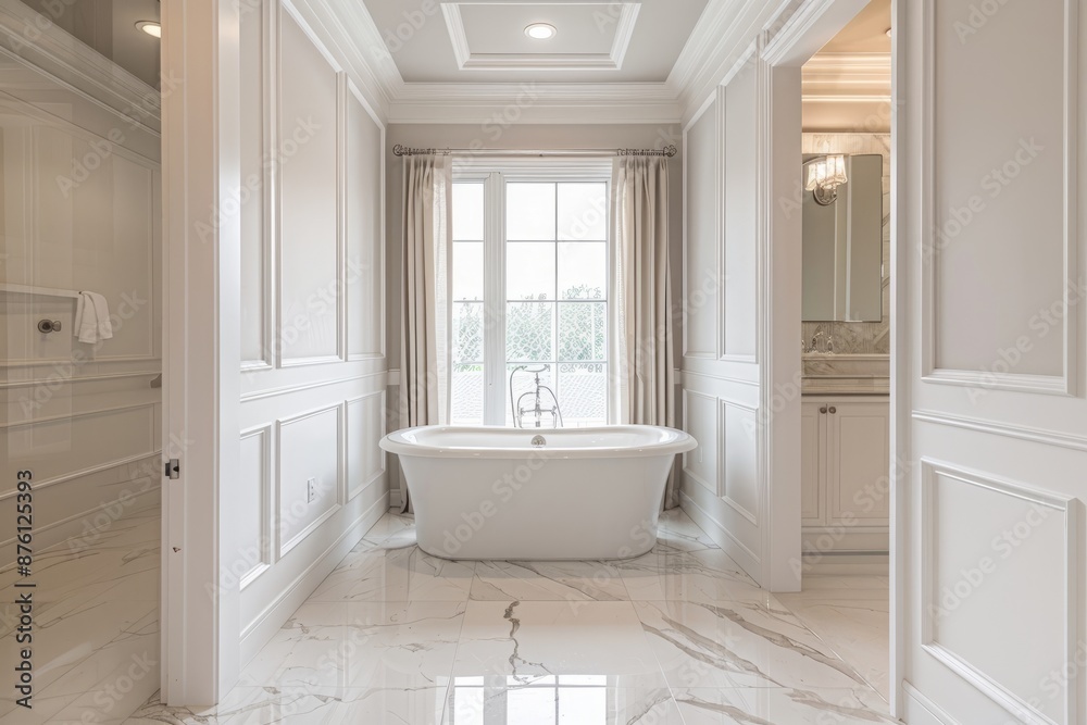 Classic-style bathroom banner with a minimalist approach, highlighting a well-lit space with elegant crown molding and marble floors
Classic-style bathroom banner with a minimalist approach, highlighting a well-lit space with elegant crown molding and marble floors