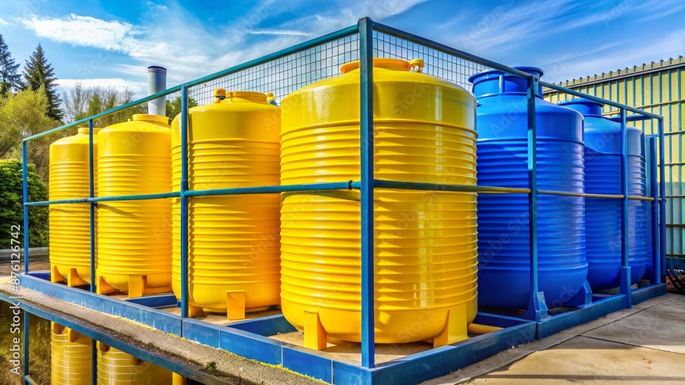 Yellow and blue plastic tanks stand within a metal fenced area, awaiting installation for a home sewage treatment plant system. Yellow and blue plastic tanks stand within a metal fenced area, awaiting installation for a home sewage treatment plant system.