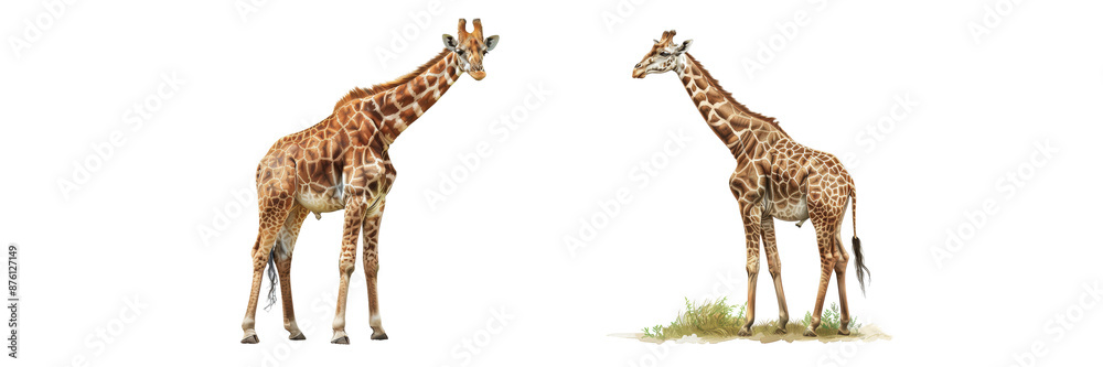 Obraz premium Two giraffes standing next to each other, isolated on transparent background