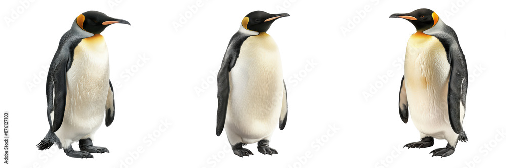 Fototapeta premium Three penguins standing in a row, isolated on transparent background