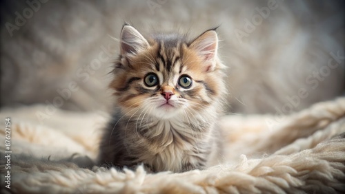 Adorable little ball of fluff sitting alone on a soft blanket, innocent whiskers twitching, big curious eyes gazing upwards sweetly.