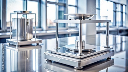 Precision laboratory equipment showcases steel calibration weight being carefully placed on analytical balance for accurate quality control measurements.