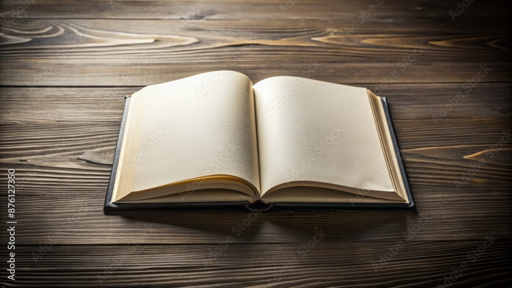 Obraz premium Isolated open book with blank white pages, subtle shadows, and creamy binding, sitting on a dark wooden table, awaiting inspiration.
