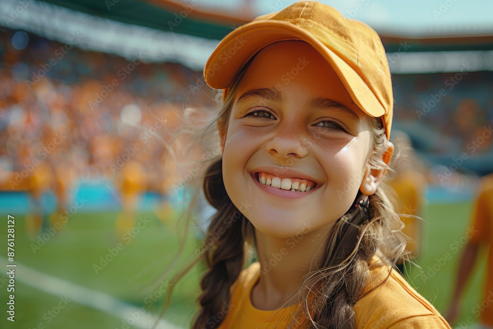 Dutch girl fan at the stadium rejoices at the victory of the football team. Flag Day, Independence Day, Olympic Games.