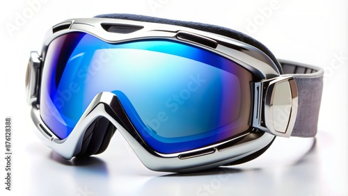 Close-up of sleek high-tech ski goggles with bright blue lenses and silver frames against a pure white background. © Wanlop