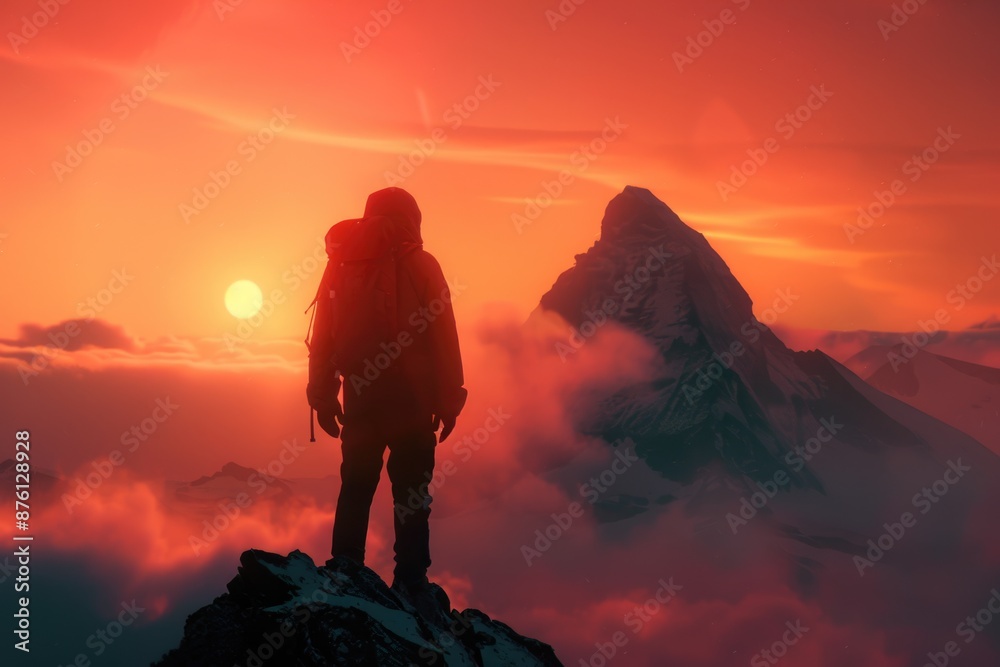 Obraz premium Trekker s exploration victory, holographic landscape, futuristic trekking success