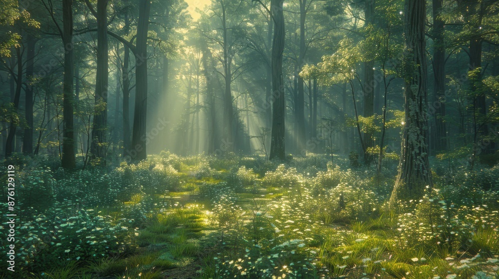 Fototapeta premium Sunlight streams through a lush green forest, illuminating a path surrounded by vibrant wildflowers and tall trees.