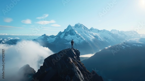 Hiker s quest for victory, holographic crest, futuristic exploration success
