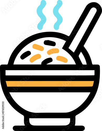 Icon of a steaming bowl of rice with chopsticks, simple flat design for food and cooking related graphics.