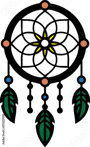 Illustration of a colorful traditional dreamcatcher with intricate details and dangling feathers, symbolizing protection and positive energy.