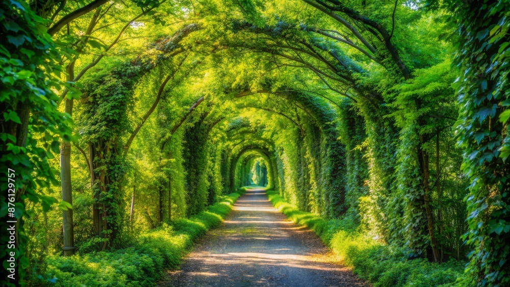 Serene sun-dappled landscape of dense foliage and twisted tree branches above a winding dirt path in a tranquil forest setting. Serene sun-dappled landscape of dense foliage and twisted tree branches above a winding dirt path in a tranquil forest setting.
