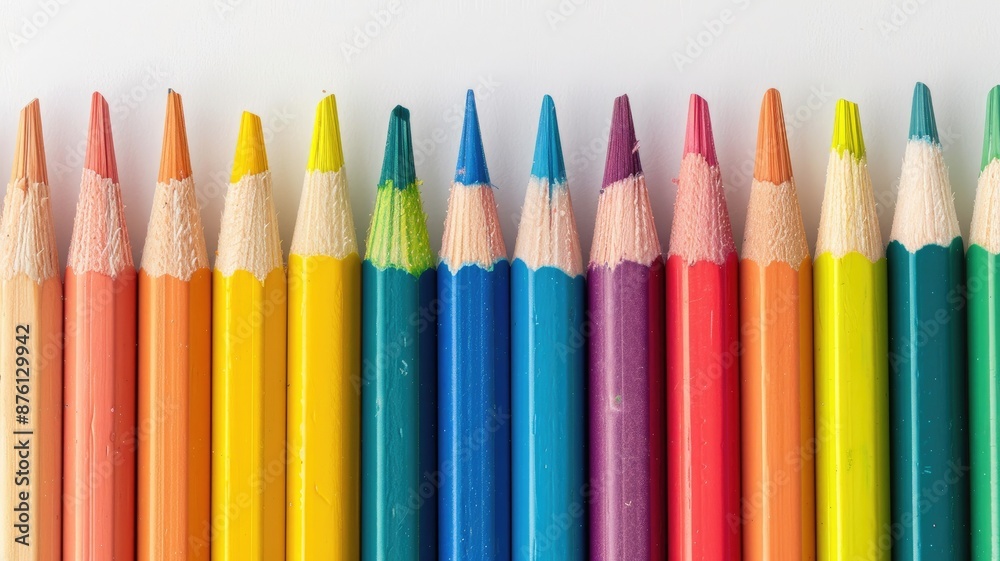 Colored pencils arranged in row on white surface Colored pencils arranged in row on white surface