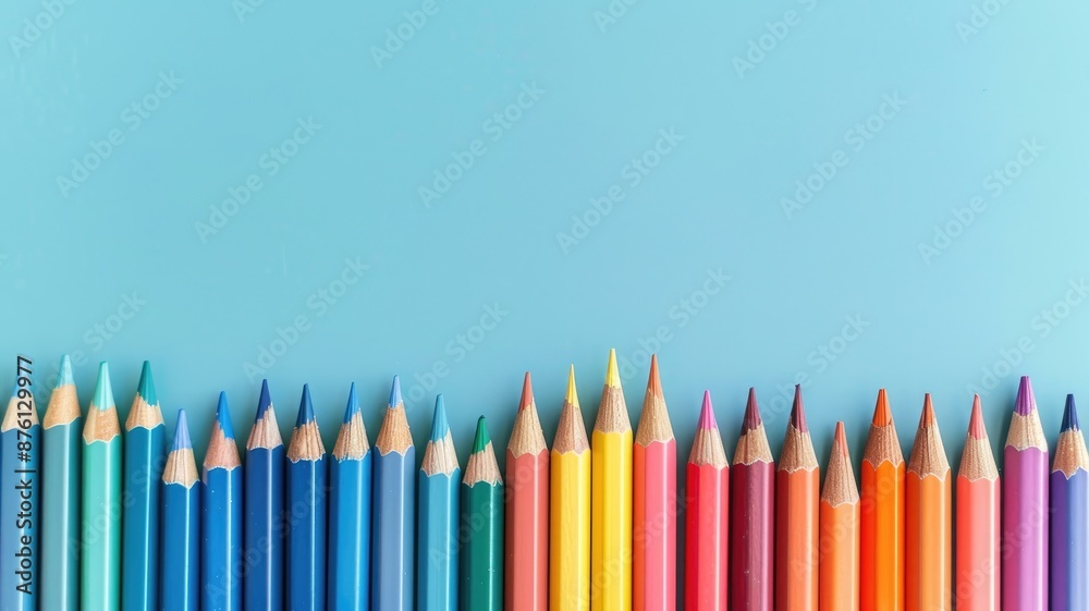 Row of colorful pencils against light blue background