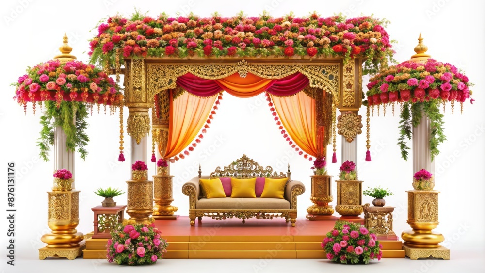 Fototapeta premium Vibrant colorful Indian Hindu wedding mandap decorations isolated on white background with intricate carvings, flowers, and ornate golden details.