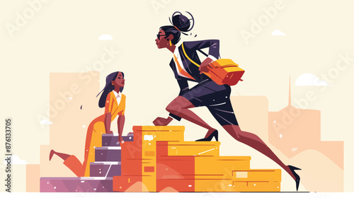 An african woman runs up the career ladder while anot