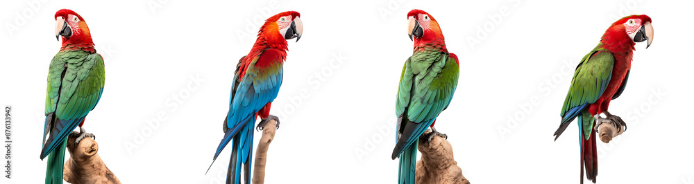 Fototapeta premium Set of Scarlet macaw and Green Parrot on a branch, isolated on white background
